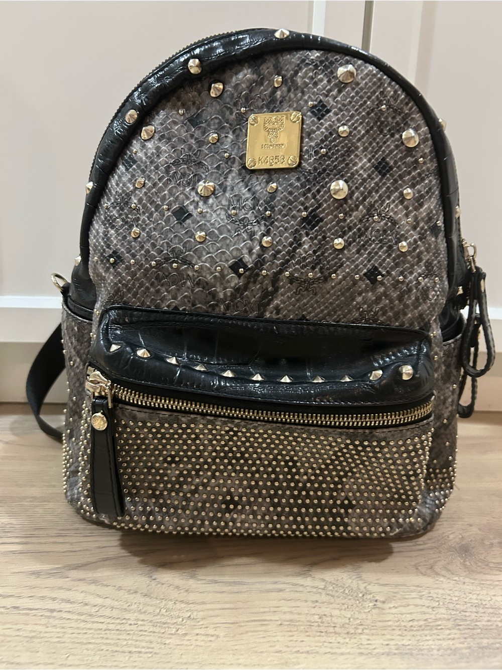 MCM Gray & Black Snake-Print Studded Mini Backpack